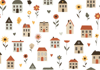 Fototapeta premium Charming village houses and blooming flowers pattern for home decor