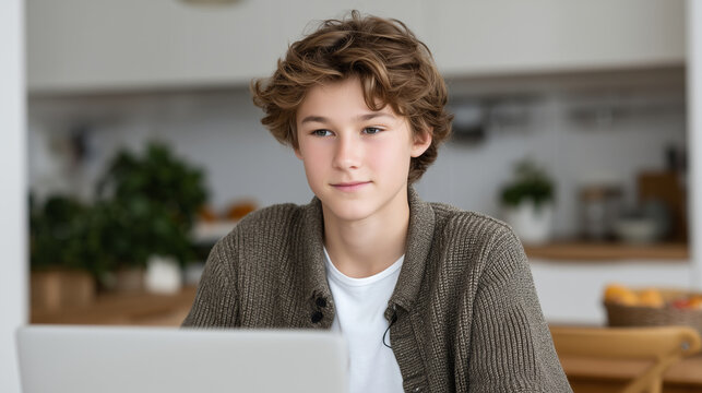 Schoolboy Engaged in Online Learning at Home