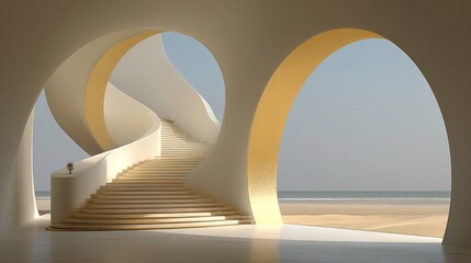 Whimsical, white, spiral staircase leads to ocean view