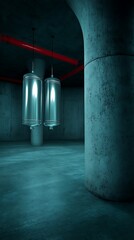 Industrial cylinders beneath concrete archway