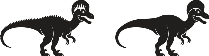 Dinosaur icon set, black vector collection of prehistoric reptile group in flat style T-Rex raptor cartoon dino ancient animal silhouette and outline fossil isolated on transparent background