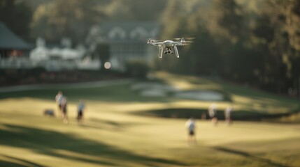 Medium shot featuring an AIpowered drone analyzing multiple hazards on a golf hole highlighting the smart mapping process with distant course elements and golfers softly out of