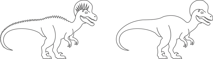 Dinosaur icon set, black vector collection of prehistoric reptile group in line style T-Rex raptor cartoon dino ancient animal silhouette and outline fossil isolated on transparent background © WaQar