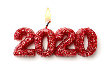 Sparkling red 2020 number candles with a lit flame, perfect for New Year celebrations and festive occasions.