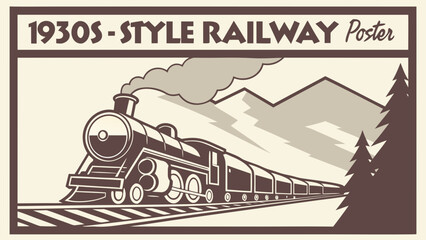 A vintage-inspired 1930s-style railway poster featuring a steam locomotive and mountains.