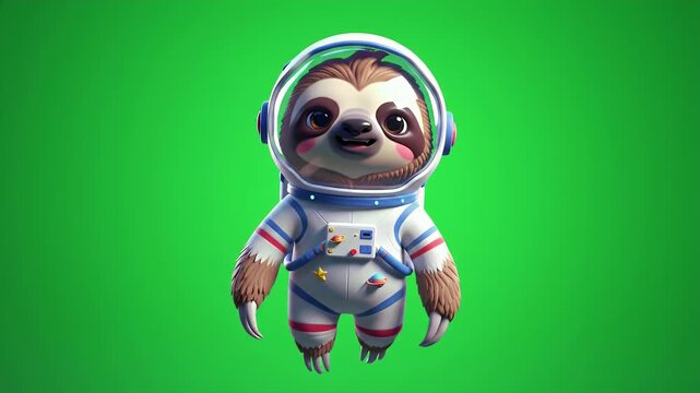Adorable Sloth Astronaut 3D Animation Isolated by Green Screen Featuring Brown Fur White Spacesuit and Helmet Cute Character Perfect for Children's Educational Content and Space Themed Projects