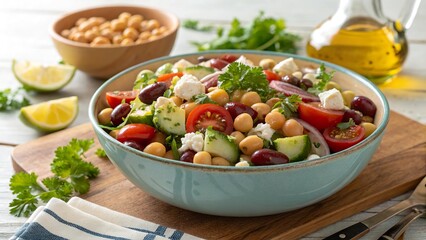 Mediterranean chickpea salad with fresh veggies, herbs, and a drizzle of olive oil prepared on a sunny kitchen table