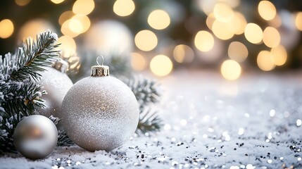 Glittering bokeh in a combination of silver and white, resembling a snowy, festive scene 