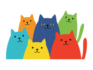 Colorful Cat Community: A vibrant collection of adorable cartoon cats, each showcasing a unique color and delightful charm. Illustrating a playful gathering of feline friends.