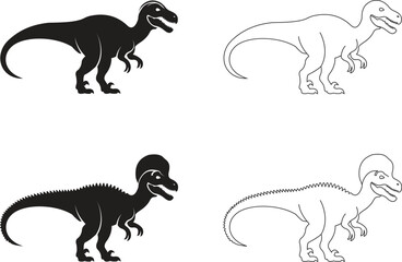 Dinosaur icon set, black vector collection of prehistoric reptile group in flat and line style T-Rex raptor cartoon dino ancient animal silhouette and outline fossil isolated on transparent background
