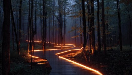 Obraz premium Misty forest path, glowing orange (1)
