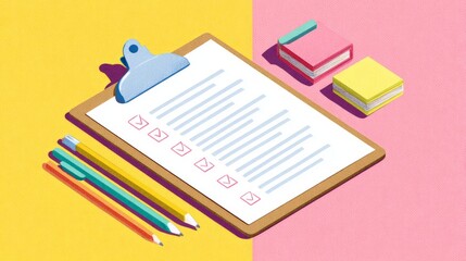 Colorful clipboard checklist with pencils and sticky notes on split background. concept of calm workspace