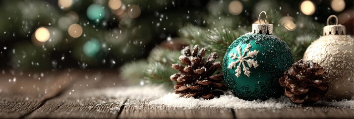 Brightly colored ornaments in green and silver sit among pine cones and snow on a wooden surface