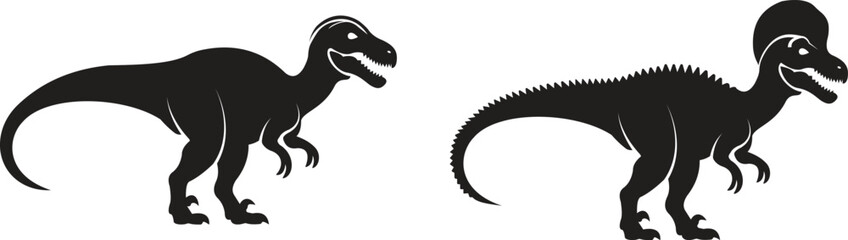 Dinosaur icon set, black vector collection of prehistoric reptile group in flat style T-Rex raptor cartoon dino ancient animal silhouette and outline fossil isolated on transparent background © WaQar