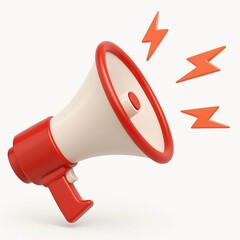 Red and white megaphone with orange lightning bolts on white background
