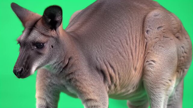 Australian Kangaroo Standing on Bright Green Screen Background, Isolated Wildlife Image for Easy Compositing, Educational Content, and Design Projects