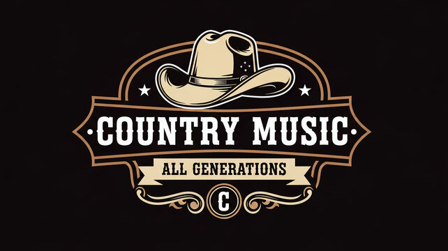 Classic country music emblem with a western cowboy hat. Vintage style design for a music festival or event.