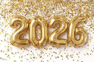 Celebrate the New Year with dazzling gold balloons and sparkling confetti, ushering in 2026 with joy!