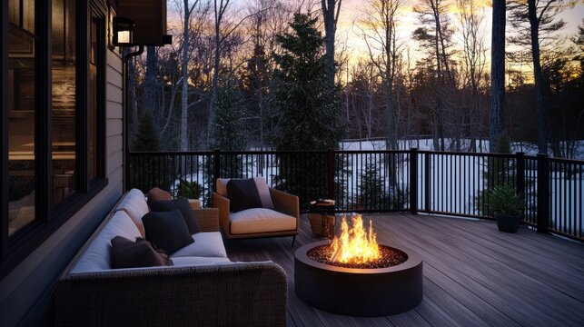 Cozy winter deck fire pit, sunset view