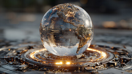 Illuminated globe atop glowing, circular tech base