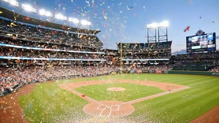 Excited baseball crowd celebrates victory with confetti falling in a vibrant stadium at dusk - Powered by Adobe