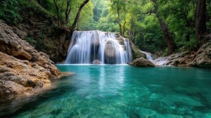 Lush waterfall cascading into a tranquil turquoise pool.