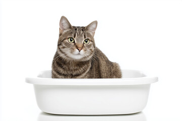 Cat in cat toilet isolated on white background, Portrait of cat in litter box for cat, Selective focus cat in automation cat toilet basin.