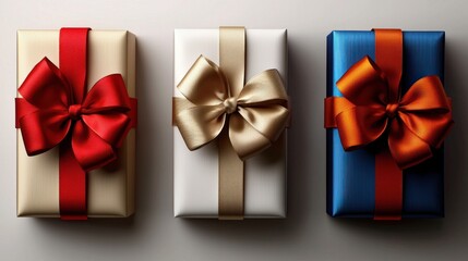 Three gifts with bows, top view, neutral background, holiday celebration