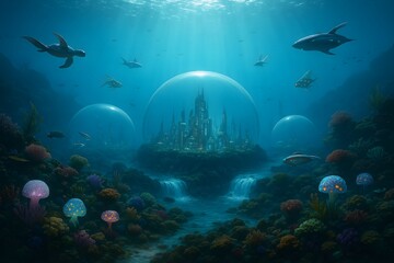 Fototapeta premium A Majestic Underwater City Enclosed in Glass Domes