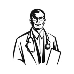 Monochrome Illustration of a Professional Doctor with Stethoscope and Glasses Vector Design