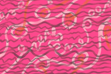 Bright abstract pattern featuring wavy lines and playful shapes in shades of pink and orange
