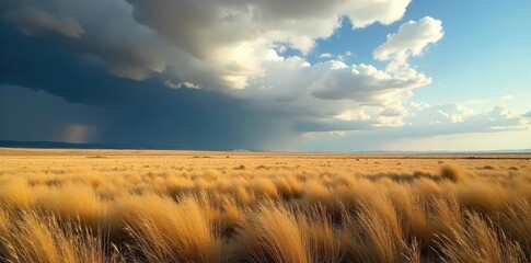 Dramatic Colorado Prairie Windstorm Powerful gusts bending grasses under a dynamic sky, creating a breathtaking natural landscape. Wild, open expanse with textured vegetation.