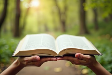 Hands Holding Open Book with Nature Background