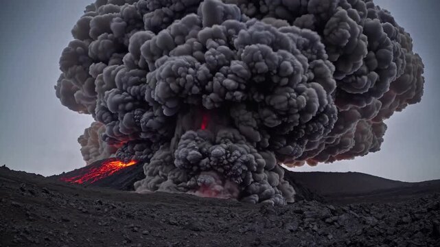 Eruption of the volcano with lava and ash clouds creates intense heat and spectacular sights in dramatic natural event