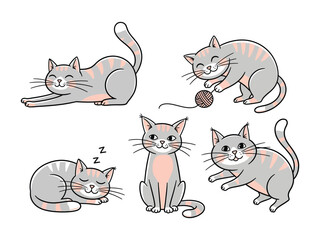 Playful Cats in Various Poses: Charming illustrations capture a range of playful cat actions, embodying feline joy and everyday life moments. 