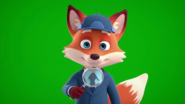 Adorable Cartoon Fox Detective Mascot in Detective Outfit Holding a Magnifying Glass Isolated by Green Screen Background in 3D Animation with Soft Lighting Perfect for Educational Contents Stock