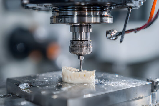 Closeup cnc machine creating dental prosthesis with precision and efficiency