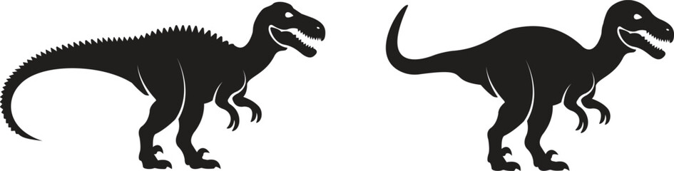 Dinosaur icon set, black vector collection of prehistoric reptile group in flat style T-Rex raptor cartoon dino ancient animal silhouette and outline fossil isolated on transparent background © WaQar
