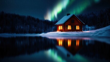 Fototapeta premium Cozy cabin, aurora borealis, winter lake, serene night