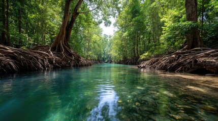 Obraz premium Lush jungle river with exposed tree roots.