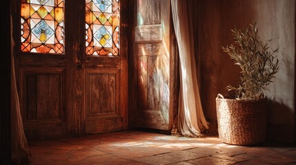 Obraz premium Sunlit rustic room with stained glass door and woven basket plant.