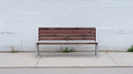 Wooden bench with metal legs positioned against a plain white wall, creating a minimalist urban seating area with a serene atmosphere