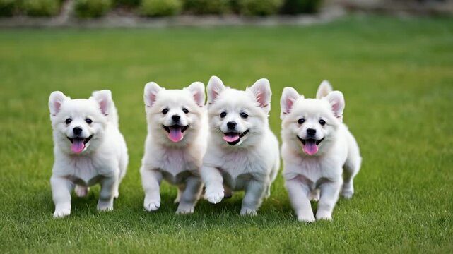 Playful white puppies frolic on green grass, embodying joy and happiness in a sunny outdoor scene, perfect for pet-related content