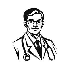 Monochrome Illustration of a Professional Doctor with Stethoscope and Glasses Vector Design