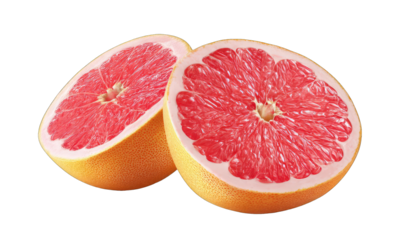 Two halves of a grapefruit, vibrant red flesh, pale orange rind
