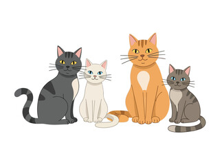 Adorable Cat Quartet: A charming assembly of four domestic cats, each displaying a unique coat pattern and personality, stand in a heartwarming display of feline companionship.