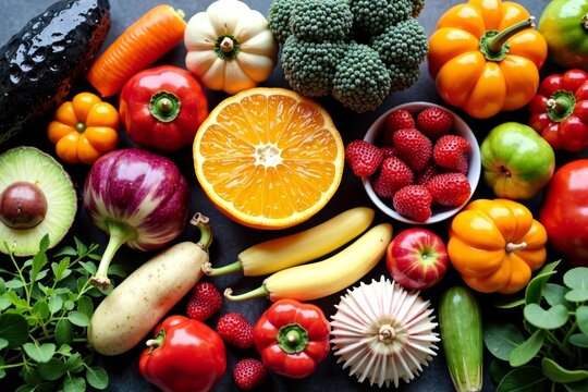 A Vibrant Food Photoshoot with Diabetes-Friendly Fruits and Vegetables Clearly Labeled for Blood Sugar Regulation