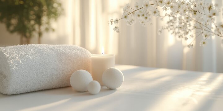 Relaxing spa setup with soft towels, white candles, and delicate flowers for a calming atmosphere