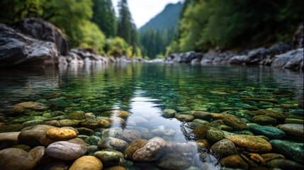 Fototapeta premium Crystal-clear riverbed with colorful stones.