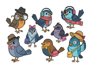 Avian Ensemble: An adorable flock of whimsical birds, each uniquely styled with hats, glasses, and accessories, showcasing their playful personalities in a vibrant illustration.